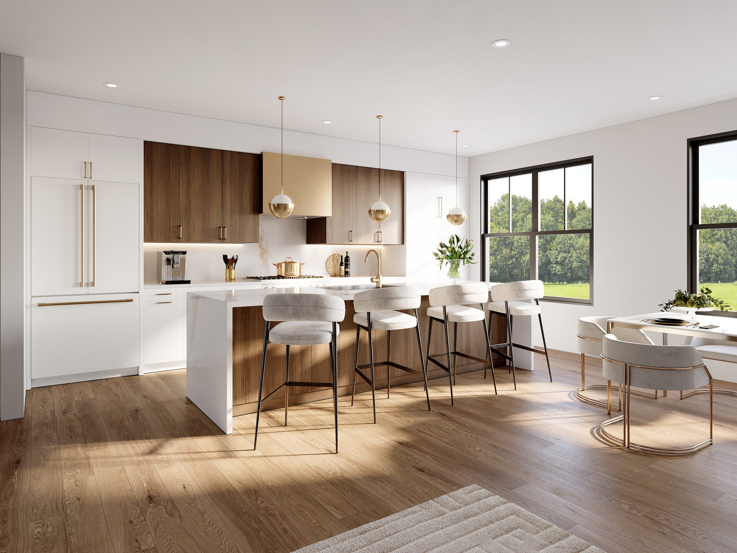 Open-concept kitchen with white-and-walnut cabinetry, center island with bar seating, gold pendant lights, and black-framed windows with tree views
